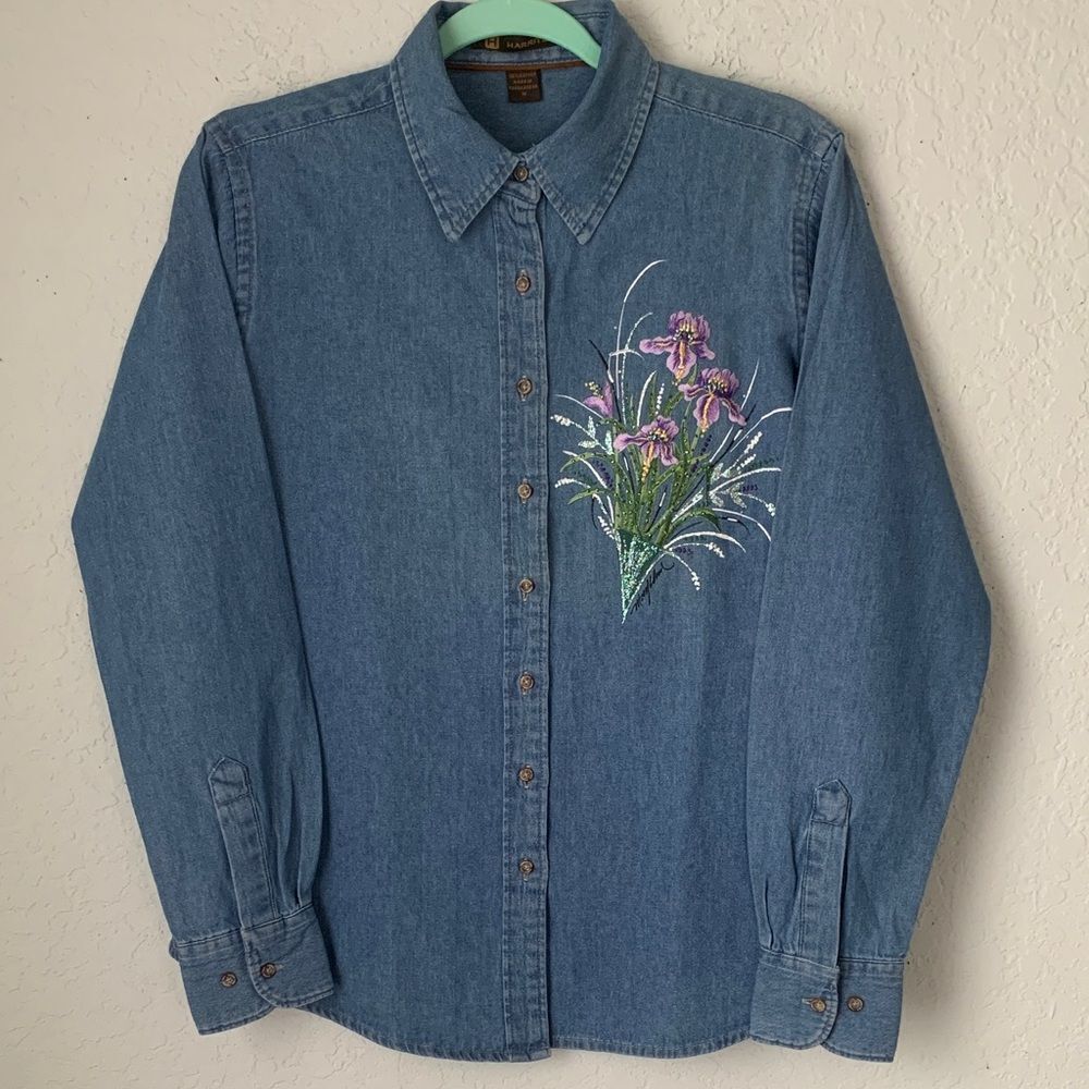Harriton Denim Shirt with Floral Embroidery Long Sleeve Size M